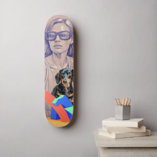 Mixed Media Illustratie van een Vrouw en Dachshond Skateboard