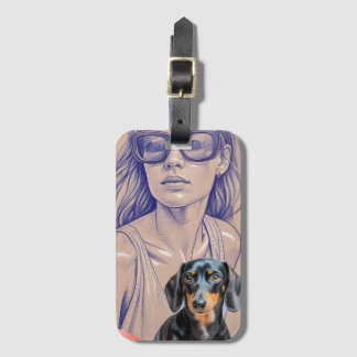 Mixed Media Illustration of a Woman and Dachshund Bagagelabel