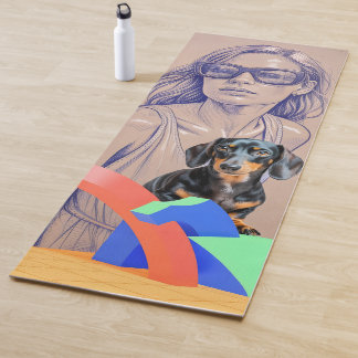 Mixed Media Illustration of a Woman and Dachshund Yogamat