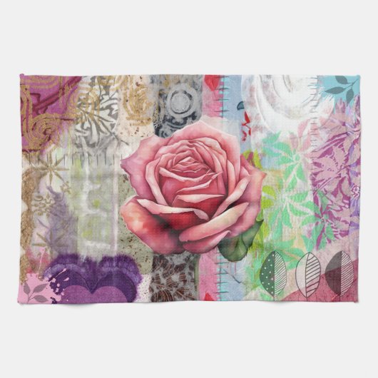 Mixed Media Rose Floral Collage Kitchen Towel Theedoek (Horizontaal)