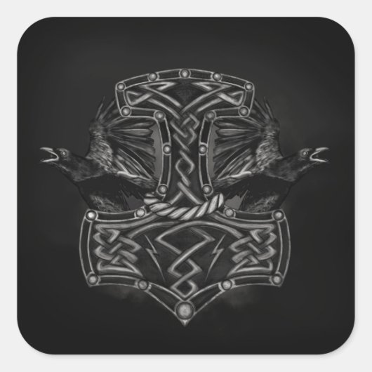 Mjolnir - De hamer van Thor en Ravens Vierkante Sticker (Voorkant)