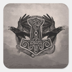 Mjolnir De hamer van Thor en ravens Vierkante Sticker