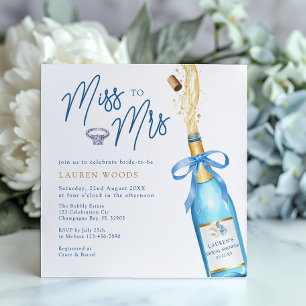 Mlle à Mme Blue Champagne Invitation Fête des mari