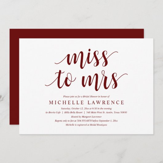 Mlle à Mme, Invitation de douche nuptiale moderne (Devant / Derrière)