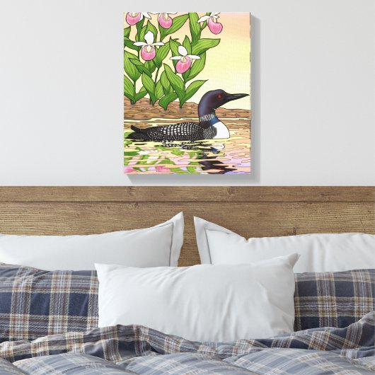 MN State Bird Flower Loon Lady Slipper Canvas Afdruk (Insitu (Slaapkamer))