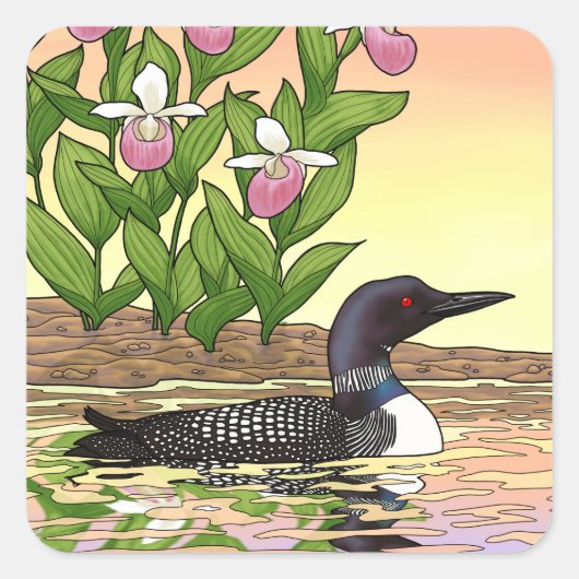 MN State Bird Flower Loon Lady Slipper Vierkante Sticker (Voorkant)