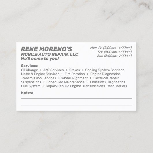 Mobile Automobile Car Repair Mechanic 2 Sided Visitekaartje (Achterkant)