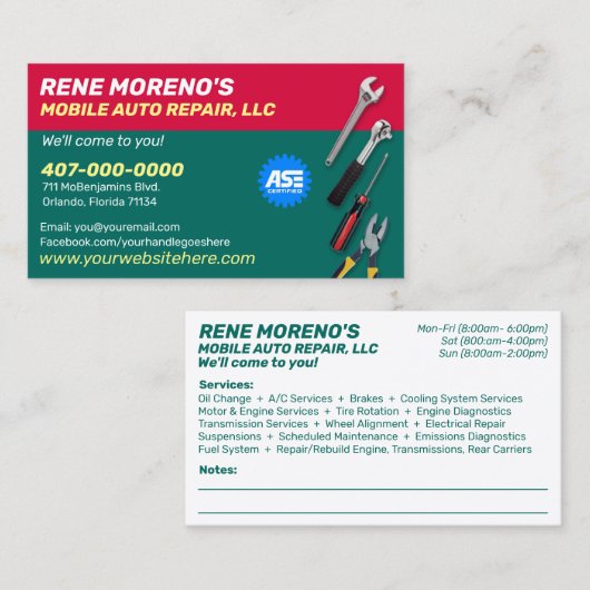 Mobile Automobile Car Repair Mechanic 2 Sided Visitekaartje (Voorkant / Achterkant)