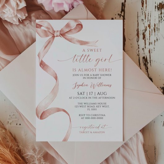 Mocha Bow Sweet Little Girl Baby shower Invitation