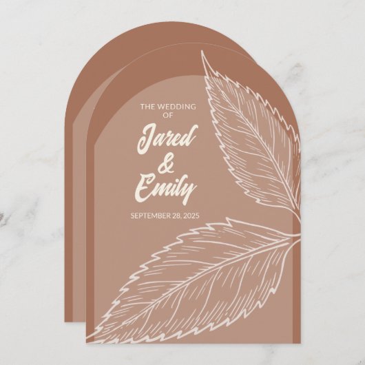 Mocha Brown Arch Style Feuille Faire-part de maria (Devant / Derrière)