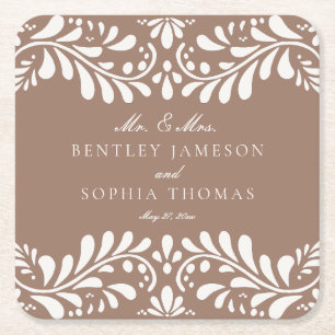 Mocha Brown Talavera Tegel Spaans Fiesta Huwelijk Vierkante Kartonnen Onderzetter