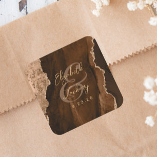 Mocha Bruin Goud Agaat Script Bruiloft Vierkante Sticker