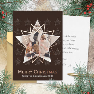 Mocha Bruine Geometrische Ster Roze Goud Kerstmis Folie Feestdagenkaart