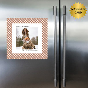 Mocha Bruine Gingham Foto Magneet Kerstkaart