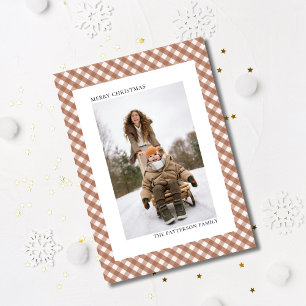 Mocha Bruine Gingham Schotland Patroon Foto Kerstm Feestdagenkaart
