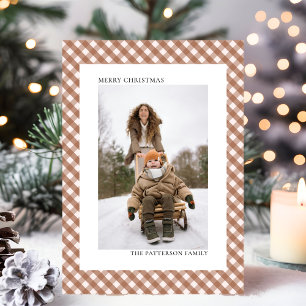 Mocha Bruine Gingham Schotland Patroon Foto Kerstm Feestdagenkaart