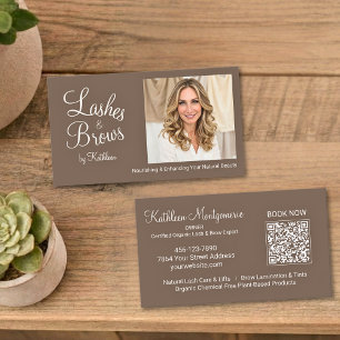 Mocha Bruine Script Foto QR Code Wimpers en Wenkbr Visitekaartje