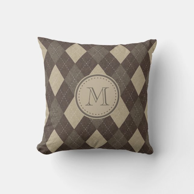 Mocha Chocca Brown Argyle Pattern met Monogram Kussen (Voorkant)