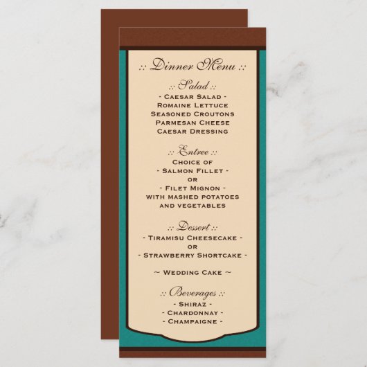 Mocha doux et Menus de réception de mariage Turquo (Devant / Derrière)