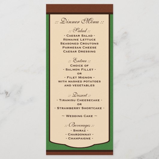 Mocha doux et Menus de réception de mariage vert (Devant)