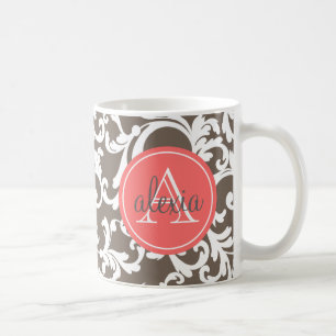 Mocha en Coral Monogrammed Damask Print Koffiemok