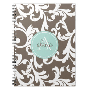 Mocha en Mint Monogrammed Damask Print Notitieboek