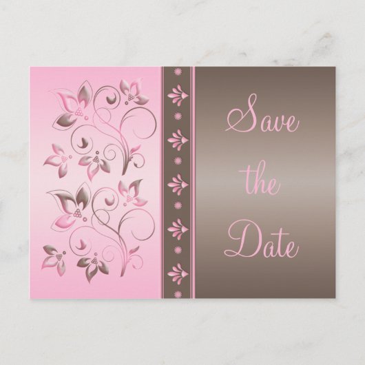 Mocha en Roze Bloemen Save the Date Briefkaart (Voorkant)