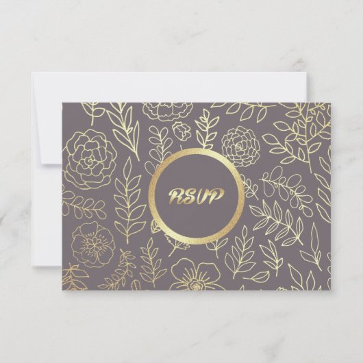Mocha foncé | Carte RSVP de mariage Gold Floral (Devant)