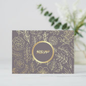 Mocha foncé | Carte RSVP de mariage Gold Floral (Debout devant)