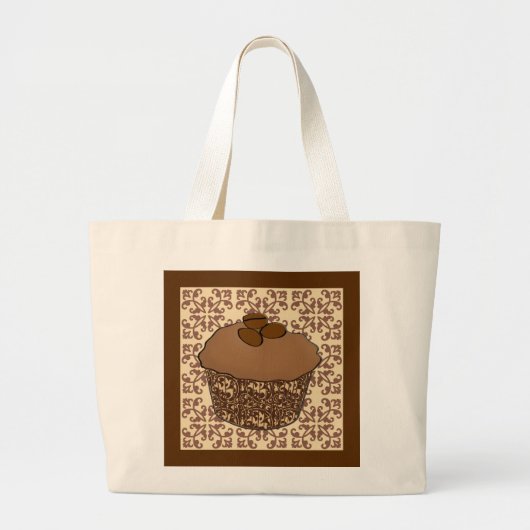 Mocha/Koffee Frosted Cupcake, Lace Background Grote Tote Bag (Voorkant)