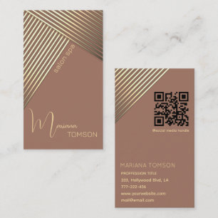 Mocha Mousse Chic elegante gouden strepen Qr code Visitekaartje