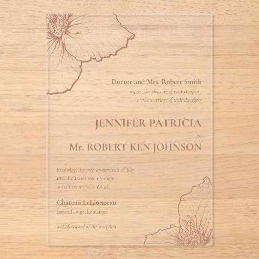 Mocha Mousse Clematis Botanische formele bruiloft Acryl Uitnodigingen (Voorkant)