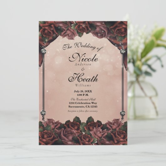 Mocha Rust Brown Rozen Elegant Fall Wedding Kaart (Staand voorkant)