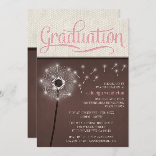Mocha Rustic Linen Dandelion Graduation Invitation (Devant / Derrière)