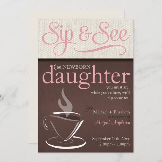 Mocha Rustic New Baby Sip & See Party Invitations (Devant / Derrière)