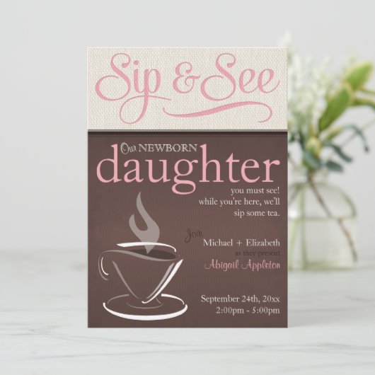 Mocha Rustic New Baby Sip & See Party Invitations Kaart (Staand voorkant)