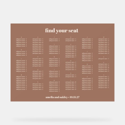 Mocha Simple Mariage Sièges Graphique Alphabétique (Recto)