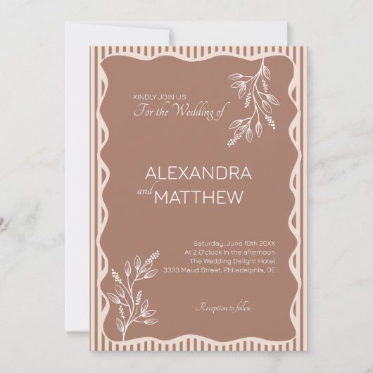 Mocha Whimsical Wavy Border Faire-part de mariage (Devant)