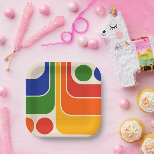 Mod 1970s Retro Style Geometrisch ontwerp Papieren Bordje (Feest)