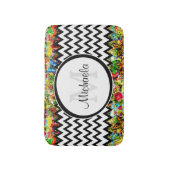 Mod Black Chevron  Floral Monogram en naam Badmat (Voorkant Verticaal)