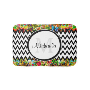 Mod Black Chevron Floral Monogram en naam Badmat