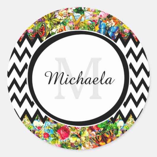 Mod Black Chevron  Floral Monogram en naam Ronde Sticker (Voorkant)