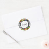Mod Black Chevron  Floral Monogram en naam Ronde Sticker (Envelop)