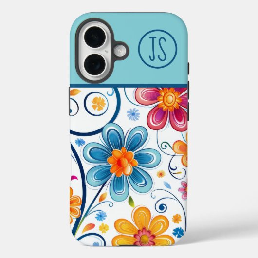 Mod Blauw, Roze, Gele Bloemen Monogrammed Case-Mate iPhone Case (Achterkant)