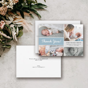 Mod blue Custom Photo Collage Baby Boy Birth Bedankkaart