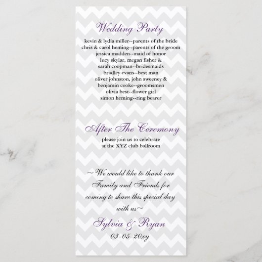 Mod chevron violet Ombre Wedding programme (Dos)