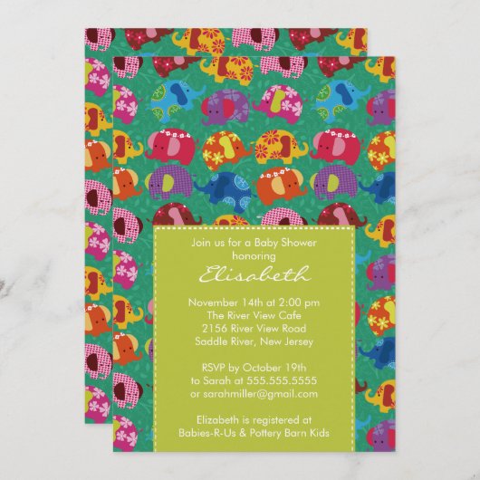 Mod Elephant Baby shower Invitation Lime (Devant / Derrière)