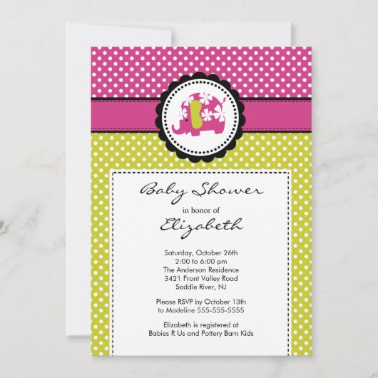 Mod Elephant Baby shower Invitation Pink Polka Dot Kaart (Voorkant)