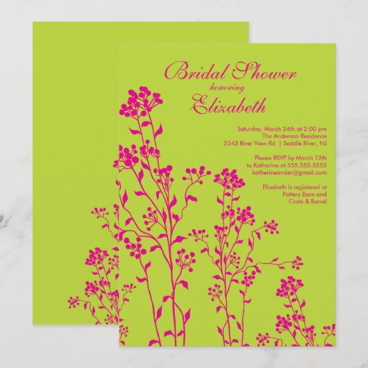 Mod Floral Bridal Shower Invitation Limoen Fuchsia Kaart (Voorkant / Achterkant)