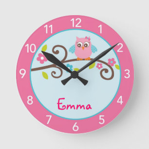 Mod Girl Owl Personalized Nursery Wall Clock Ronde Klok